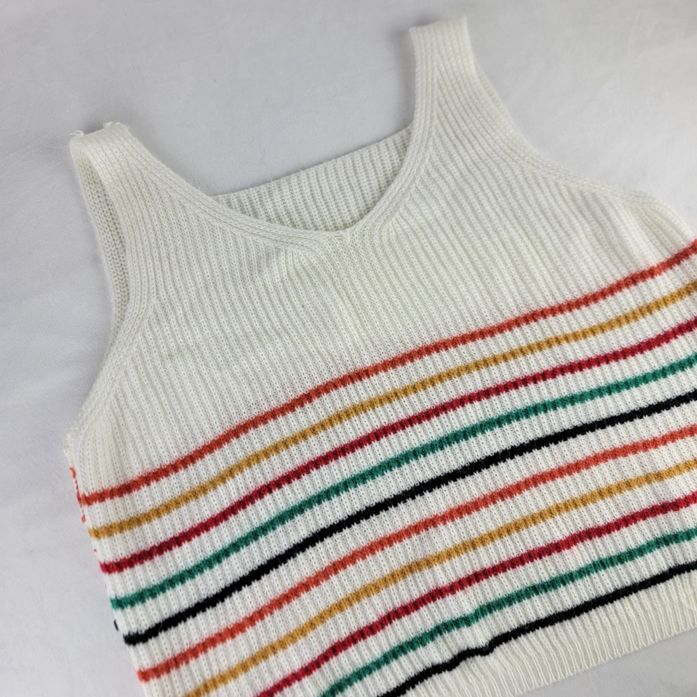 White Striped Ribbed Knit Sweater Vest V-Neck Sleeveless Retro Large Sleeveless